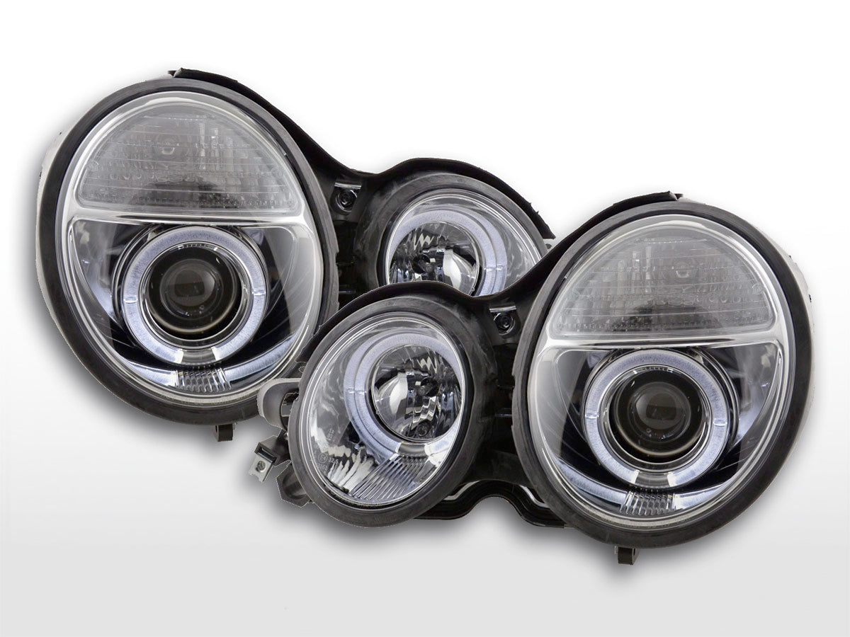 Headlight set Angel Eyes Mercedes E-Class type W210 99-01 chrome for right-hand drive