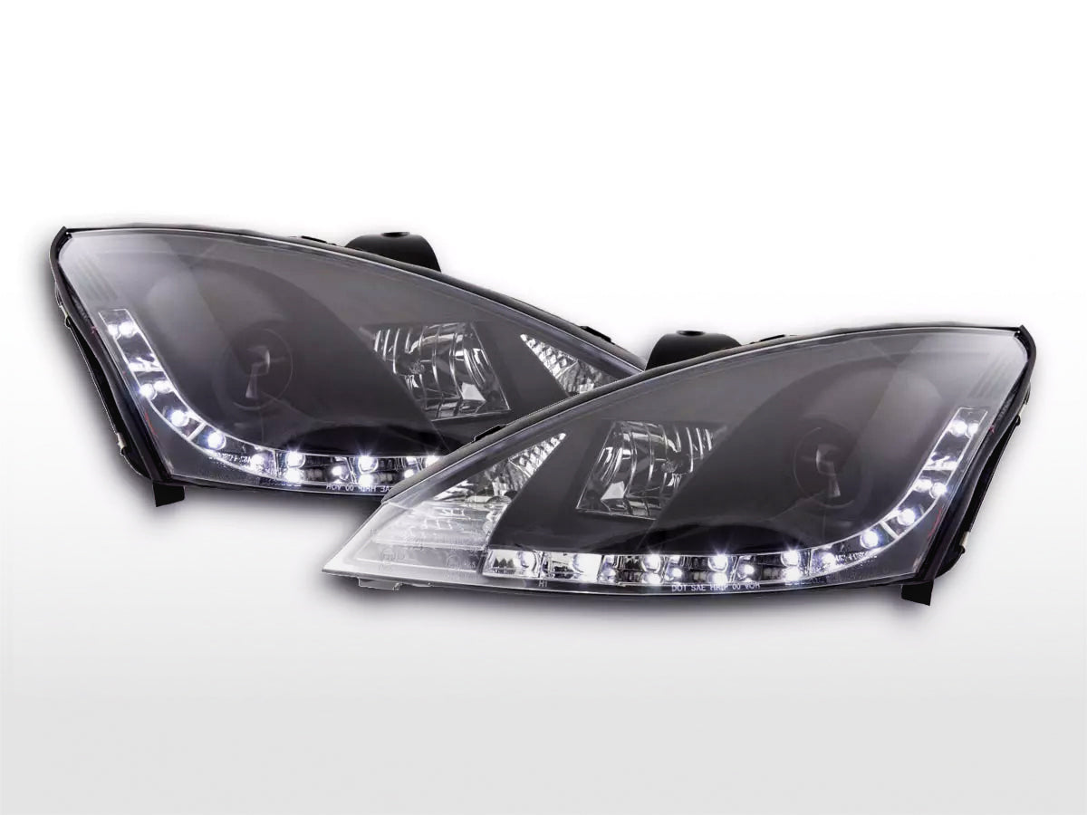 Headlight set Daylight LED DRL look Ford Focus 3/4/5-door 01-04 black for right-hand drive