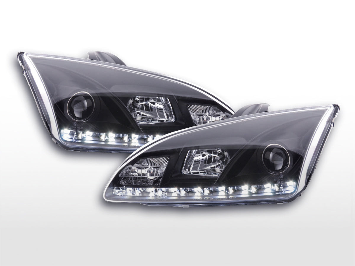 Headlight set Daylight LED DRL look Ford Focus 4/5-door 05-08 black for right-hand drive