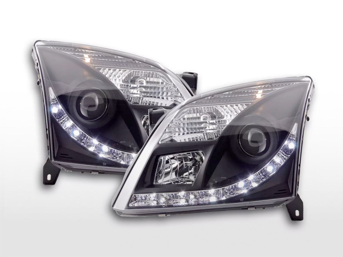 Headlight set Daylight LED DRL look Opel Vectra C 02-05 black for right-hand drive