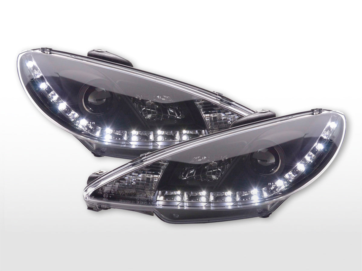 Headlight set Daylight LED DRL look Peugeot 207 06- black