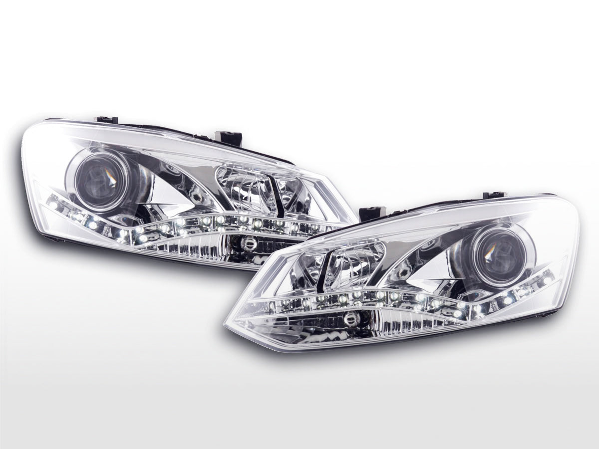 Headlight set Daylight LED TFL-optic VW Polo Type 6R 2010- chrome for right-hand drive