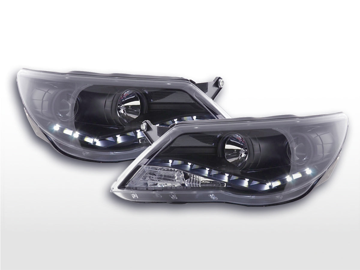Headlight set Daylight LED DRL look VW Tiguan 07-11 black for right-hand drive